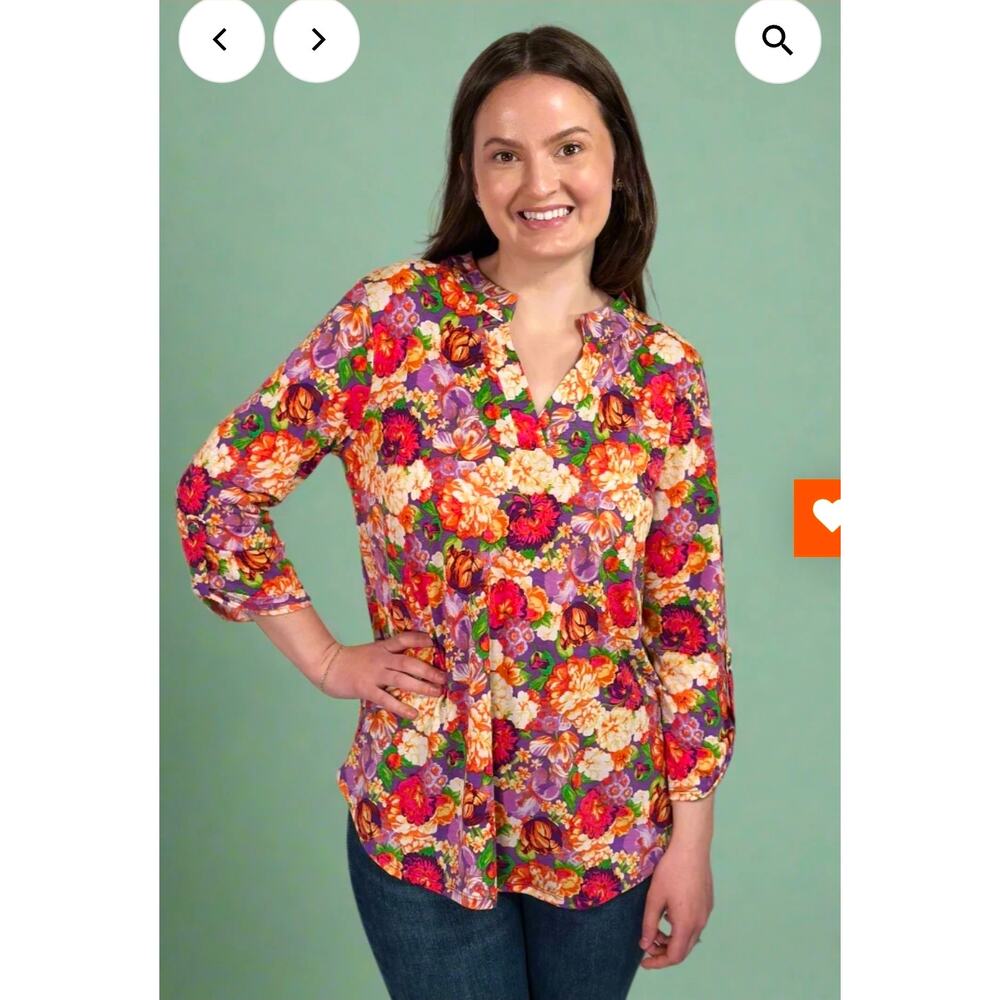 Womens Large Tunic Top Bright Spring Floral Slinky Stretch Casual 3/4 Sleeve